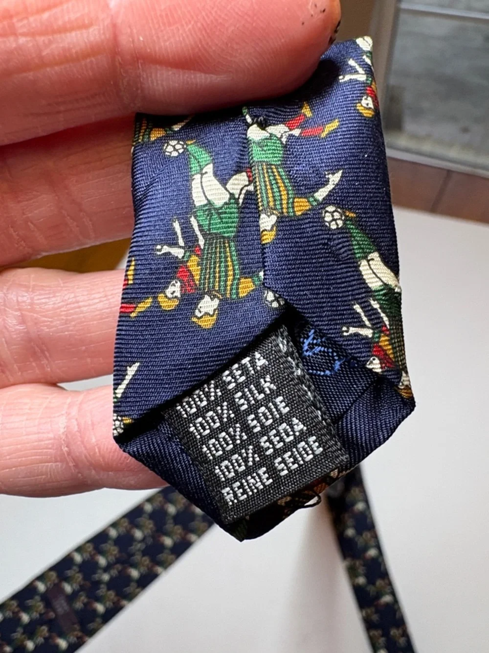Class Club Young Men’s Navy Patterned Silk Tie - Navy Multicolor Soccer Motif